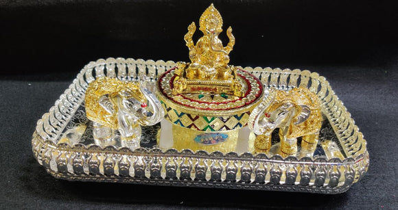 Full set impressive imported German silver washable tray with 24kt gold coated idols with meenakari chowki
