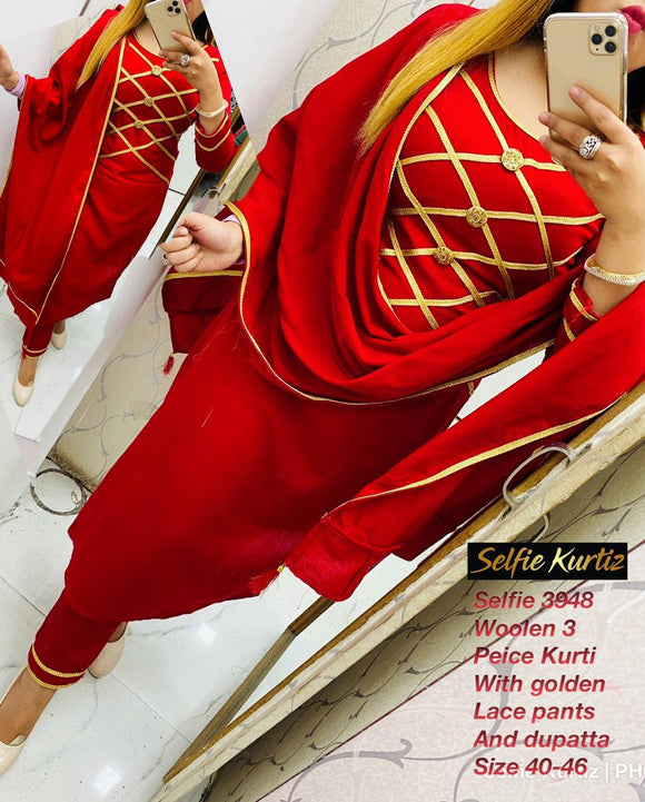 STYLISH GOLD WORK  RED WOOLLEN KURTI WITH PANTS AND DUPATTA