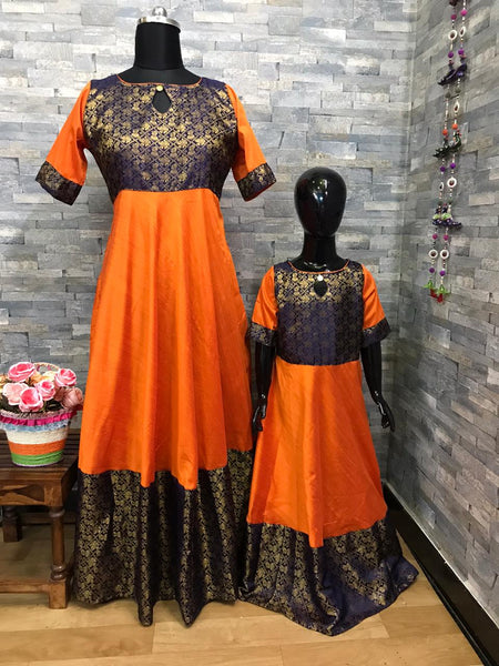 ORANGE BLACK RAW SILK KURTI FOR MOTHER DAUGHTER COMBO – www