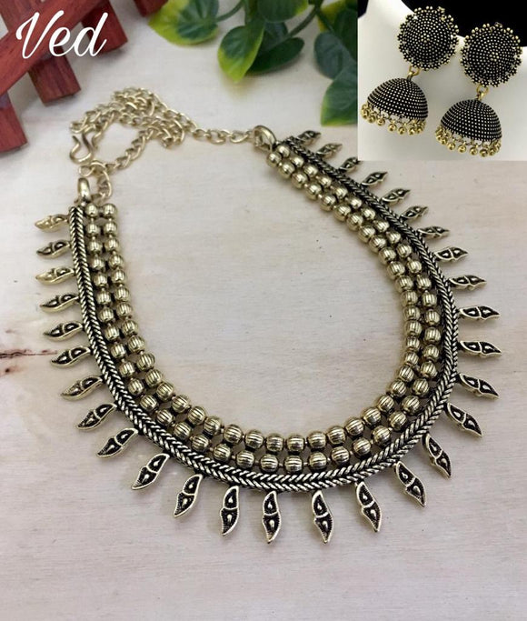 OXIDISED SILVER NECKLACE WITH JUMKA  FOR WOMEN