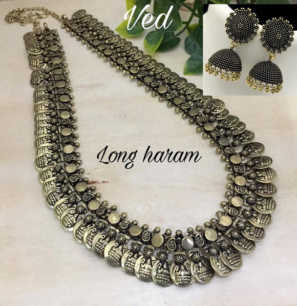 OXIDISED SILVER LONG  NECKLACE/HAARAM WITH JUMKA  FOR WOMEN