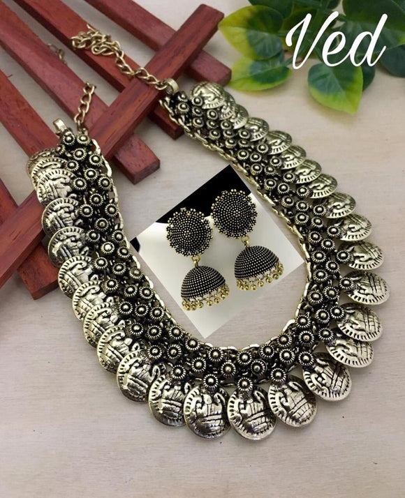 OXIDISED SILVER NECKLACE WITH JUMKA  FOR WOMEN