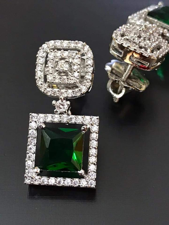 PLATINUM FINISH ZIRCON JADE GREEN  DIAMOND EARRINGS WITH BACK SCREW