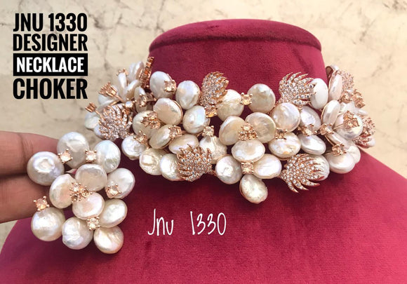 JNU DESIGNER CHOKER/NECKLACE WITH REAL BAROQUE PEARLS AND GOLDEN INTRICATE WORK