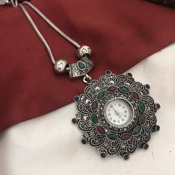 OXIDISED SILVER PENDANT WITH WATCH FOR WOMEN
