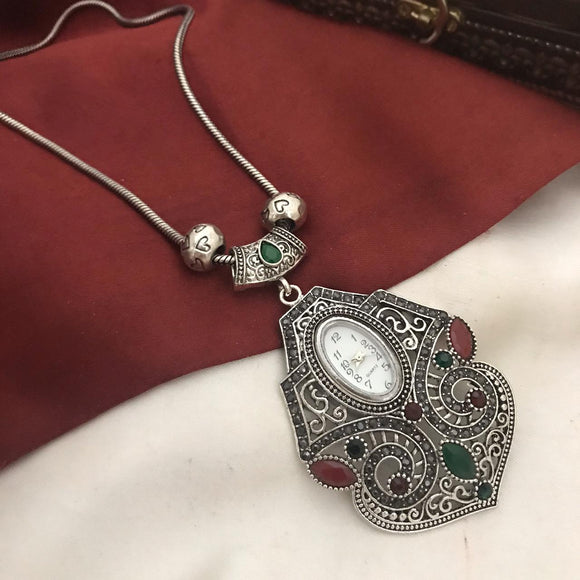 OXIDISED SILVER PENDANT WITH WATCH FOR WOMEN