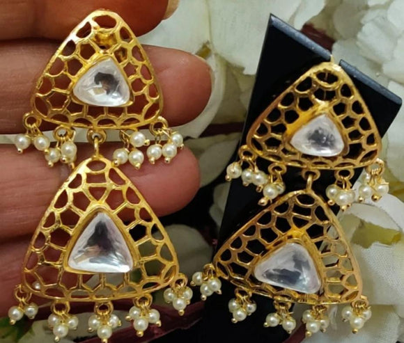 TRIANGLES  KUNDAN EARRINGS WITH  PEARL FOR WOMEN