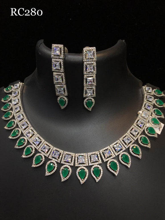 SPARKLING GREEN  PAISLEY AMERICAN DIAMOND NECKLACE SET FOR WOMEN