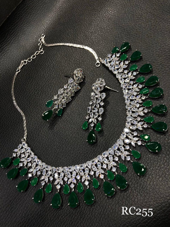 SPARKLING GREEN  DROPLETS  AMERICAN DIAMOND NECKLACE SET FOR WOMEN