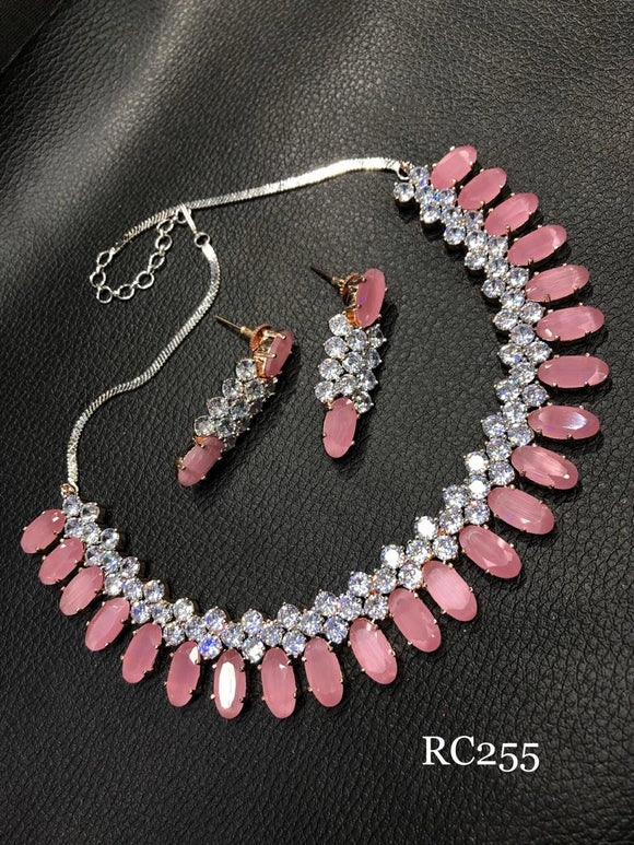 SPARKLING PINK DROPLETS  AMERICAN DIAMOND NECKLACE SET FOR WOMEN