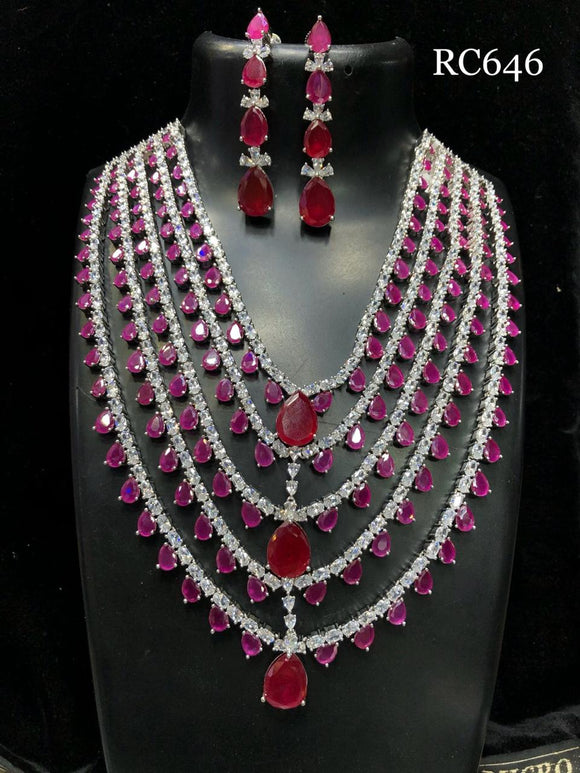 SPARKLING PINK RUBY LAYERED DROPLETS  AMERICAN DIAMOND NECKLACE SET FOR WOMEN