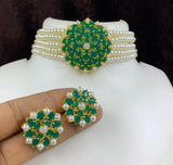 PEARL CHOKER WITH STONES PENDANT AND MATCHING EARRINGS FOR WOMEN