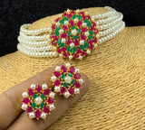 PEARL CHOKER WITH STONES PENDANT AND MATCHING EARRINGS FOR WOMEN