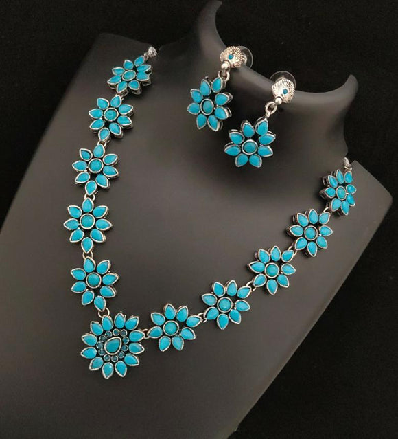 OXIDISED SILVER  FLOWER  NECKLACE SET FOR WOMEN