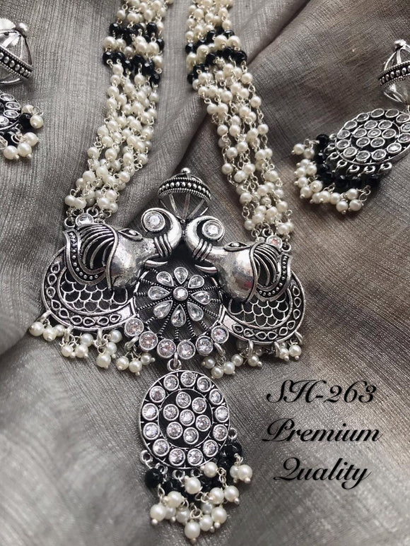 PREMIUM QUALITY OXIDISED SILVER PEARL NECKLACE SET FOR WOMEN