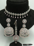 PASTEL SHADE CRYSTAL JUMKA WITH NECKLACE&MATCHING CRYSTAL MAANG TIKKA FOR WOMEN