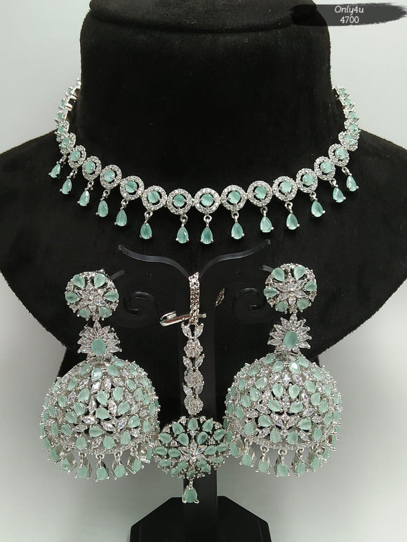 PASTEL SHADE CRYSTAL JUMKA WITH NECKLACE&MATCHING CRYSTAL MAANG TIKKA FOR WOMEN