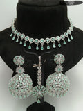 PASTEL SHADE CRYSTAL JUMKA WITH NECKLACE&MATCHING CRYSTAL MAANG TIKKA FOR WOMEN