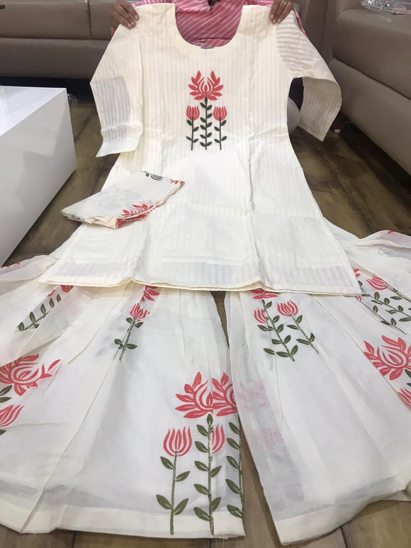 NP Premium cotton kurti with embroidery & block print sharara & duppatta .