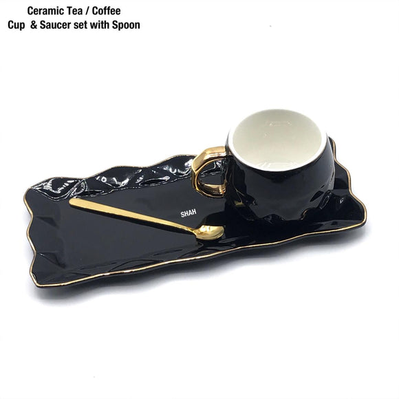 Diamond cut Ceramic Tea / Coffee Cup & Saucer set with Spoon..