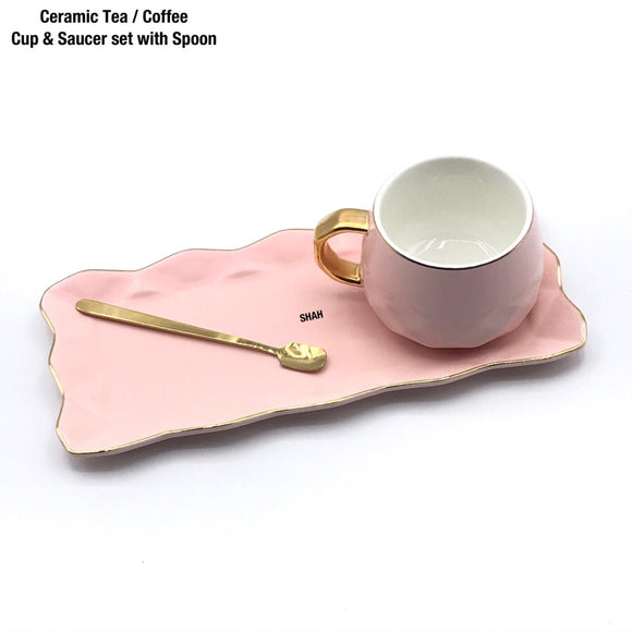 Diamond cut Ceramic Tea / Coffee Cup & Saucer set with Spoon..