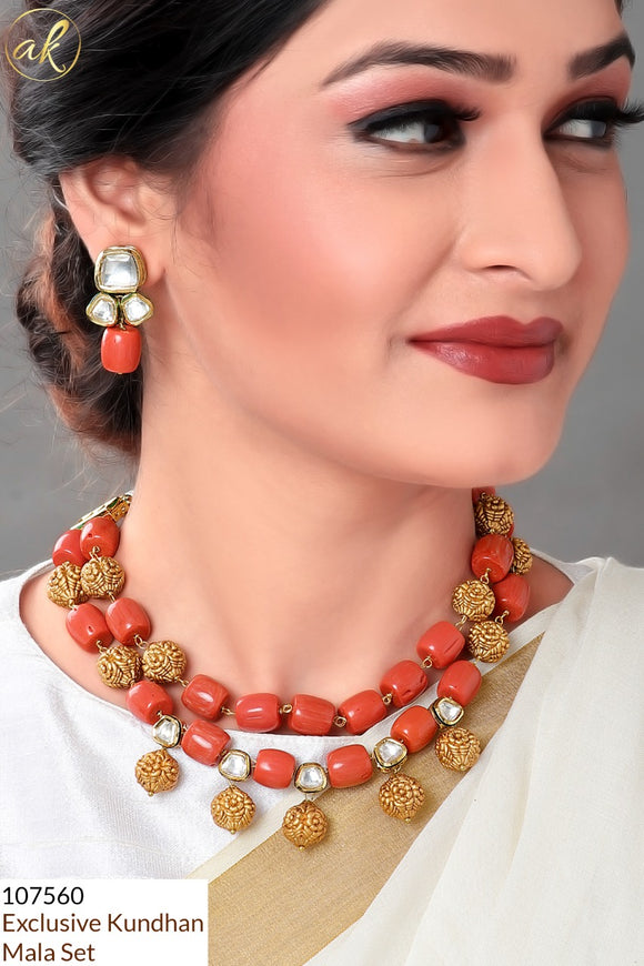 GOLDEN CORALS-  EXCLUSIVE DESIGNER KUNDAN CORAL AND GOLDEN  BEADS  NECKLACE SET  FOR WOMEN AK107560
