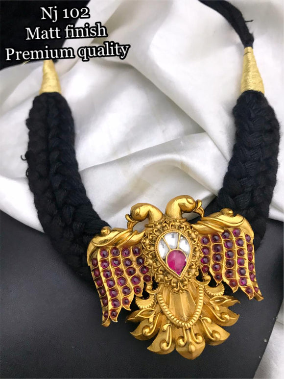 GOLDEN  GARUDA PENDANT NECKLACE WITH  BLACK BRAIDED THREAD NECKLACE FOR WOMEN