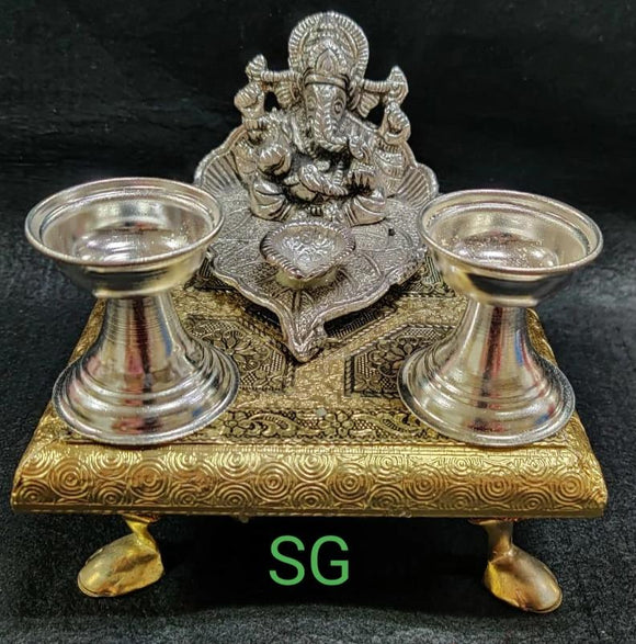 GANESH POOJA FULL SET WITH CHOWKI AND GERMAN SILVER WASHABLE DIYA-PUGD01