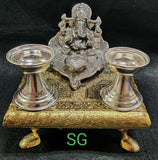GANESH POOJA FULL SET WITH CHOWKI AND GERMAN SILVER WASHABLE DIYA-PUGD01