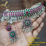 SILVER FINISH PINK & GREEN KEMP NECKLACE SET/CHOKER  FOR WOMEN SKNRG1090