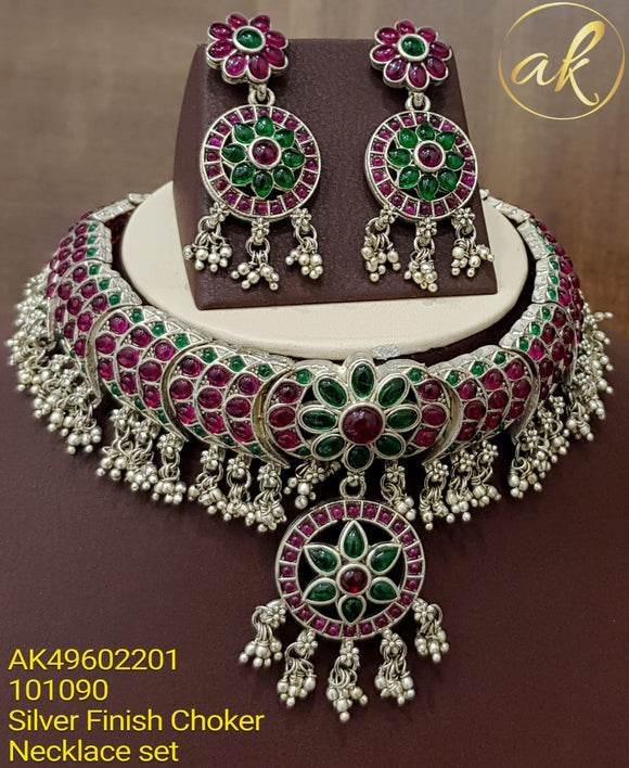 SILVER FINISH PINK & GREEN KEMP NECKLACE SET/CHOKER  FOR WOMEN SKNRG1090