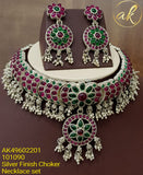 SILVER FINISH PINK & GREEN KEMP NECKLACE SET/CHOKER  FOR WOMEN SKNRG1090