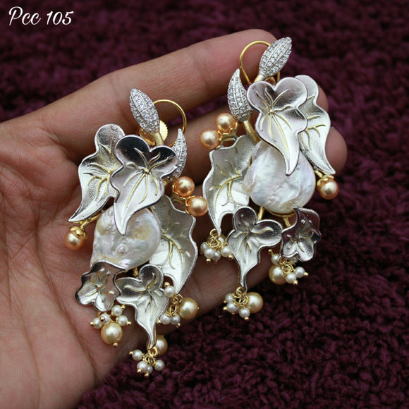 A BEAUTIFUL BUNCH OF PEARLS AND WHITE GOLD FINISH LEAVES EARRING FOR WOMEN -MOE105WS