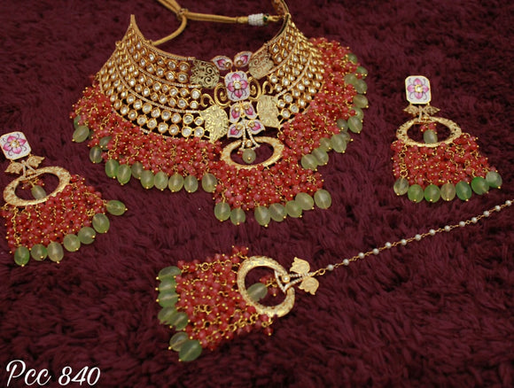 MATTE GOLD FINISH INTRICATE BEAD WORK  NECKLACE SET WITH MAANG TIKKA -RGPCC840