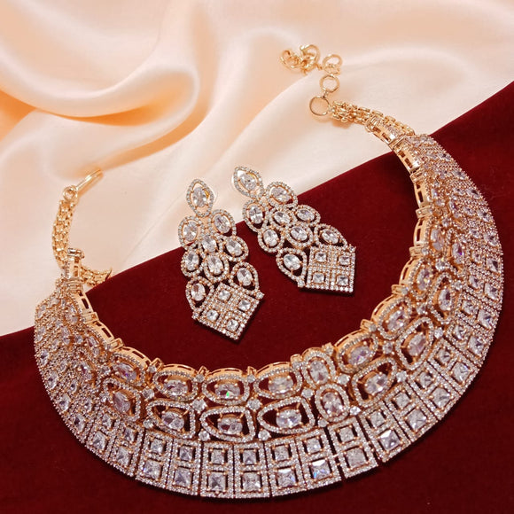 ELEGANT ROSE GOLD FINISH AMERICAN DIAMOND NECKLACE SET FOR WOMEN -MOE4099