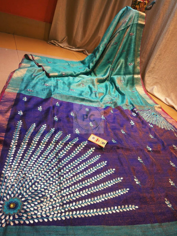 Matka Tissue Sarees with All Over Embroidery and Contrast Blouse and embroidered sleeves-FSS2