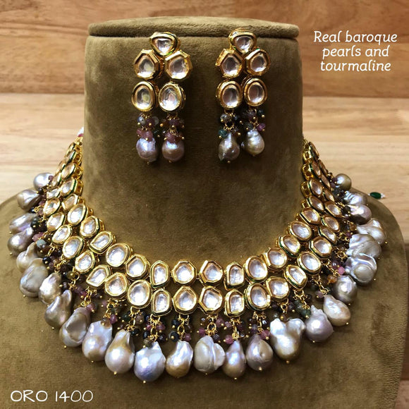 REAL BAROQUE PEARLS AND TOURMALINE NECKLACE SET FOR WOMEN -MOE1400