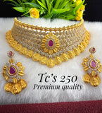 TRADITIONAL LOOK AMERICAN DIAMOND HIGH RISE CHOKER STYLE NECKLACE SET WITH MATCHING EARRINGS FOR WOMEN -DFTC250