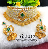 TRADITIONAL LOOK AMERICAN DIAMOND HIGH RISE CHOKER STYLE NECKLACE SET WITH MATCHING EARRINGS FOR WOMEN -DFTC250