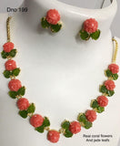 RED CORAL FLOWERS AND JADE LEAFS NECKLACE FOR WOMEN -DFD199P