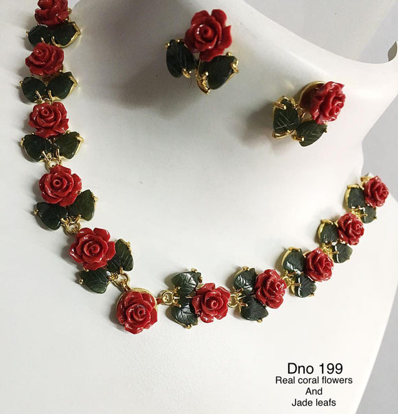 RED CORAL FLOWERS AND JADE LEAFS NECKLACE FOR WOMEN -DFD199R