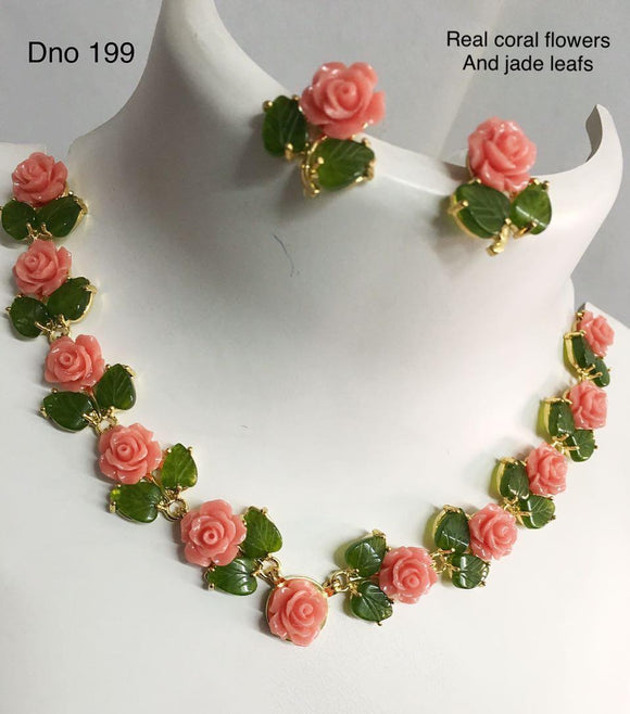 RED CORAL FLOWERS AND JADE LEAFS NECKLACE FOR WOMEN -DFD199P