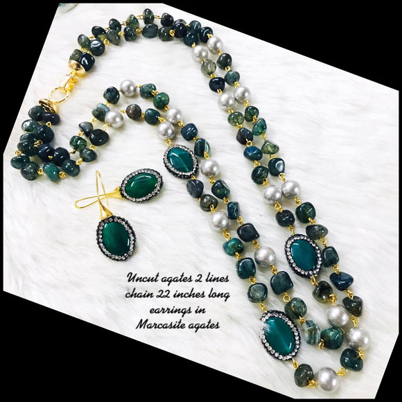 UNCUT AGATE TWO LINES CHAIN 22 INCHES LONG WITH MERCASITE AGATE EARRINGS FOR WOMEN-SIANCJ1250