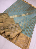 PURE BLUE KHATAN SILK SAREE WITH GOLDEN LOTUS DESIGNS AND GOLD ZARI BORDERS AND PALLU-SA10000