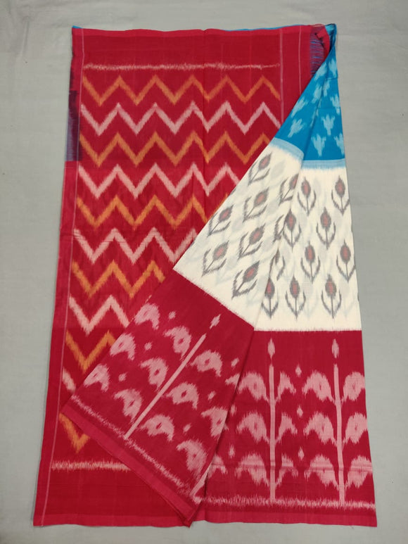 Red ,Blue& White Handloom Pochampally Ikkat Mercerized Cotton Saree With Blouse-SARA230001