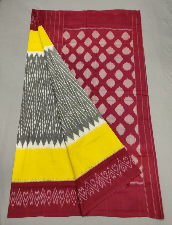 Red,Yellow& Grey   Handloom Pochampally Ikkat Mercerized Cotton Saree With Blouse-SARA230003