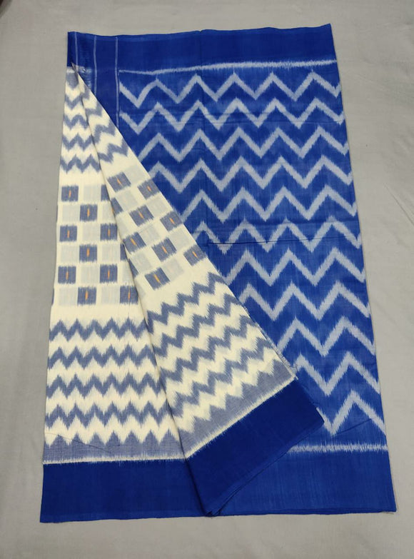 Blue& White  Handloom Pochampally Ikkat Mercerized Cotton Saree With Blouse-SARA230005