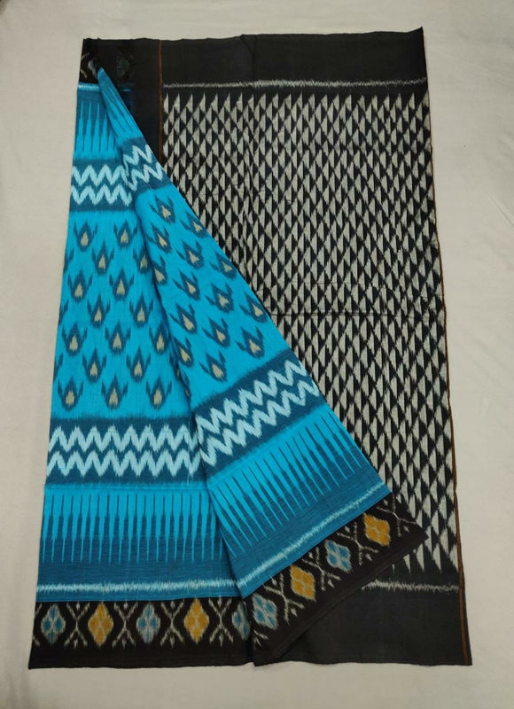 Blue& Black  Handloom Pochampally Ikkat Mercerized Cotton Saree With Blouse-SARA230006