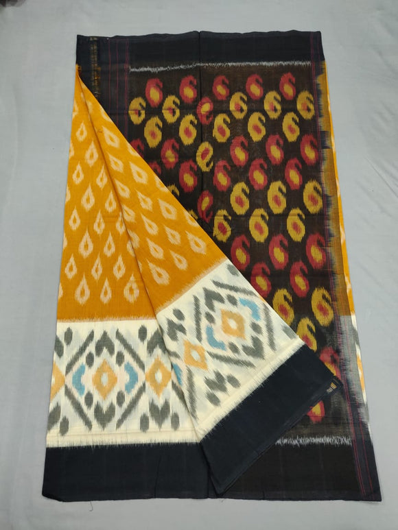 Black , Yellow & White  Handloom Pochampally Ikkat Mercerized Cotton Saree With Blouse-SARA230009