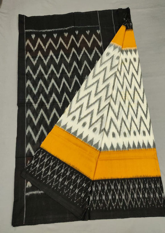 Black , Yellow  & White  Handloom Pochampally Ikkat Mercerized Cotton Saree With Blouse-SARA2300011
